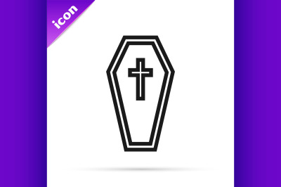 Black line Coffin with christian cross icon isolated on white backgrou