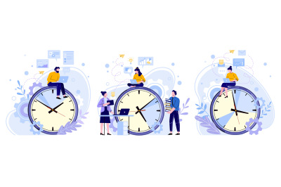 Efficiency work time. Man, woman and workers teamwork hours. Freelance