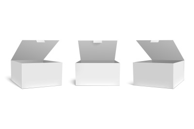 Realistic open box mockup. White packaging gift boxes, opened package