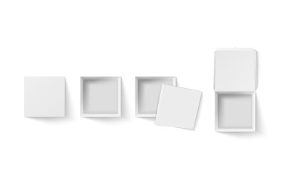 Square box top view mockup. Empty package&2C; white paper gift boxes and