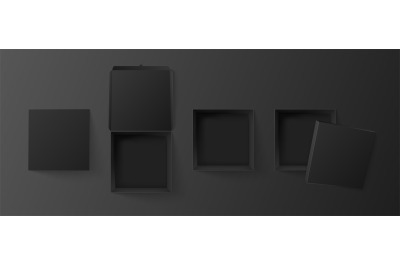 Black square box top view. Empty cube package, pizza packaging mockup