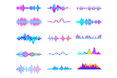 Colorful sound waves. Audio signal wave, color gradient music waveform