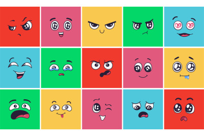 Cartoon face expressions. Surprising look faces, angry mood and doodle