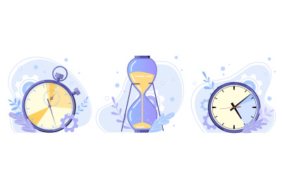 Clock, hourglass and stopwatch. Watch hours, timer countdown and sandg