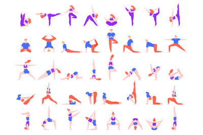 Yoga poses people. People doing yoga exercise, young man and woman yog