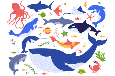 Ocean animals. Cute fish, orca, shark and blue whale, marine animals a