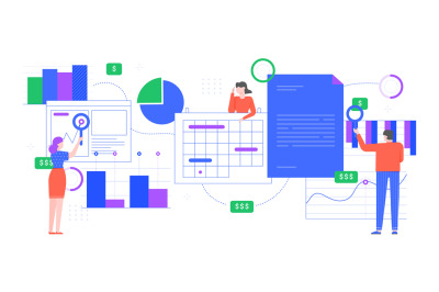 Financial analytics. People analyze financial charts, income graph ana