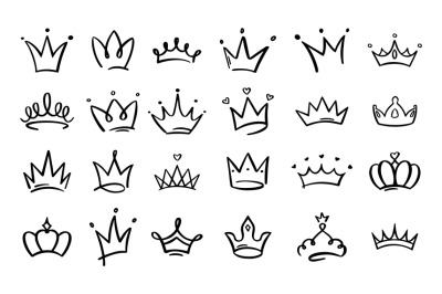 Doodle crowns. Line art king or queen crown sketch, fellow crowned hea