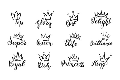 Doodle crowns lettering. Crown with text elements, sketch, majestic ti