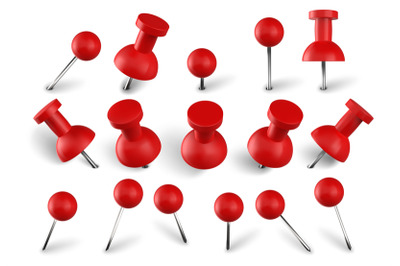 Realistic red push pins. Attach buttons on needles, pinned office thum