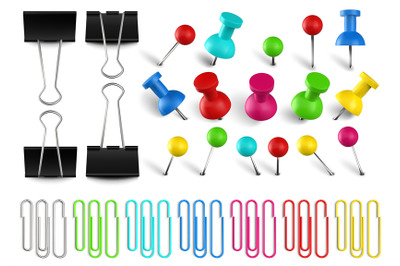 Colorful pushpins and paperclips binders. Color paper clip, red pushpi