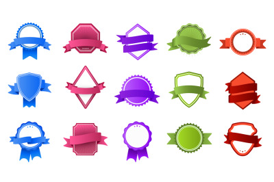 Retro badges with ribbon banners. Vintage color label, stamp frame and