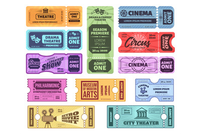 Retro tickets. Circus, cinema and theatre admit one ticket. Vintage ad