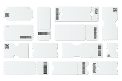 Blank ticket mockup. White tickets with barcodes&2C; empty coupon and adm