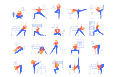 Office yoga exercises. Fitness and yoga workout for office workers, re