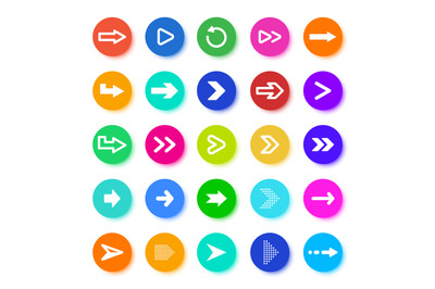 Arrows button. Circle elements with arrow icons, pointer arrow sign fo