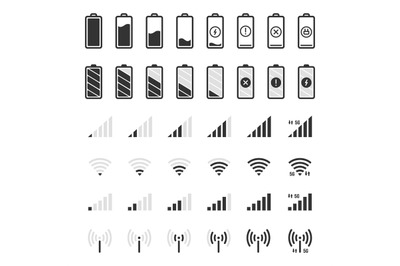 Battery and connection icons. Smartphone charge level, wifi and gsm si