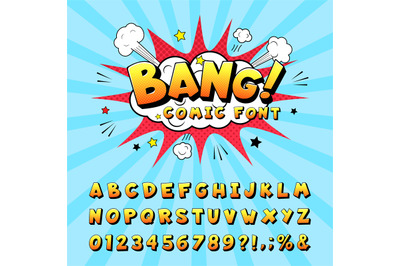 Comic book alphabet. Retro cartoon comic book graphic font elements, a