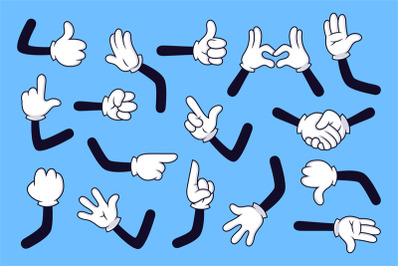 Cartoon arms. Gloved hands with different gestures, various comic hand