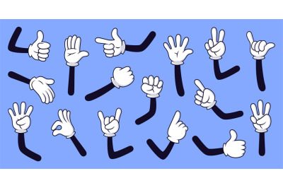 Cartoon gloved arms. Comic hands in gloves, retro doodle arms with dif