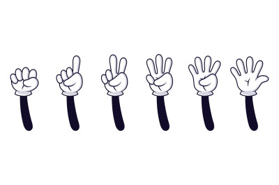 Cartoon hand numbers. Gesture counting sign, hands in white gloves cou