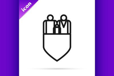 Black line Family insurance with shield icon isolated on white backgro