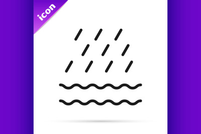 Black line Rain and waves icon isolated on white background. Rain clou