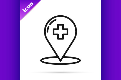 Black line Medical map pointer with cross hospital icon isolated on wh