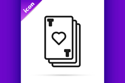 Black line Playing card with heart symbol icon isolated on white backg