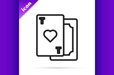 Black line Playing card with heart symbol icon isolated on white backg