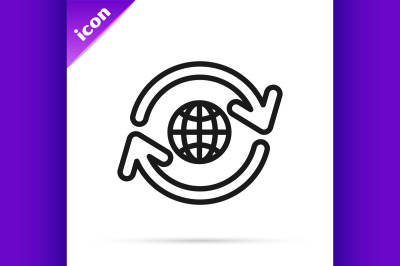 Black line Planet earth and a recycling icon isolated on white backgro