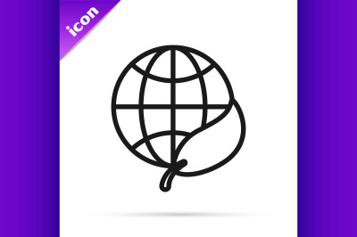 Black line Earth globe and leaf icon isolated on white background. Wor