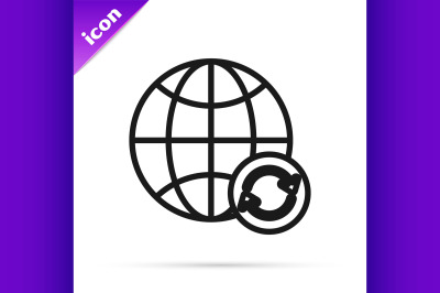 Black line Planet earth and a recycling icon isolated on white backgro