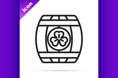 Black line Wooden barrel with four leaf clover icon isolated on white