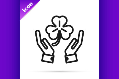 Black line Human hands holding four leaf clover icon isolated on white