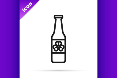 Black line Beer bottle with four leaf clover icon isolated on white ba