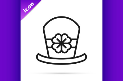 Black line Leprechaun hat and four leaf clover icon isolated on white