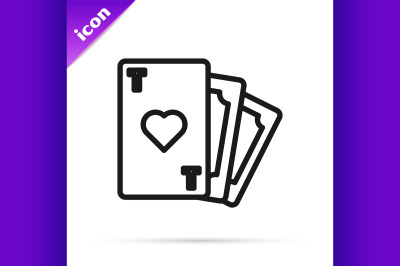 Black line Playing card with heart symbol icon isolated on white backg