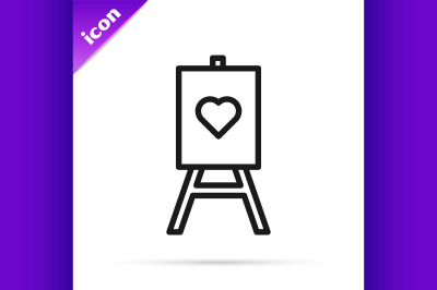 Black line Wood easel or painting art boards with heart icon isolated