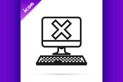 Black line Computer with keyboard and x mark icon isolated on white ba