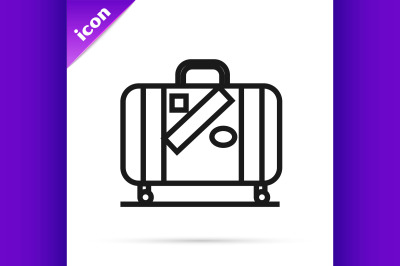 Black line Suitcase for travel and stickers icon isolated on white bac