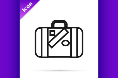 Black line Suitcase for travel and stickers icon isolated on white bac