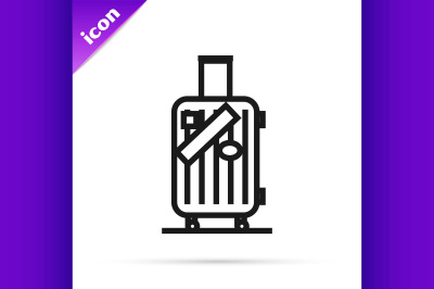 Black line Suitcase for travel and stickers icon isolated on white bac