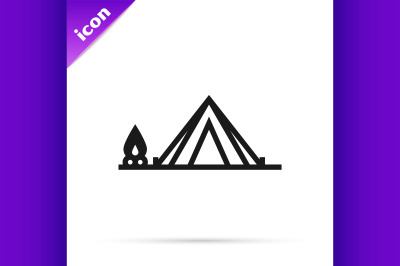 Black line Tourist tent with wood fire icon isolated on white backgrou