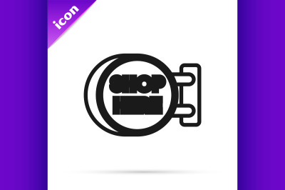 Black line Signboard hanging with an inscription shop here icon isolat