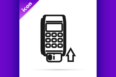 Black line Pos terminal with inserted credit card icon isolated on whi