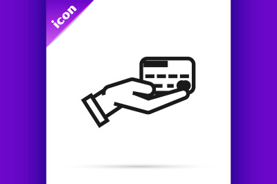 Black line Human hand holding with credit card icon isolated on white