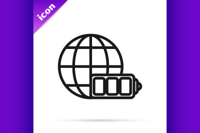 Black line Battery charge level indicator with earth globe icon isolat