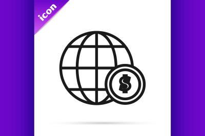 Black line Earth globe with dollar symbol icon isolated on white backg