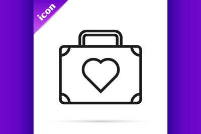 Black line Suitcase for travel with heart icon isolated on white backg